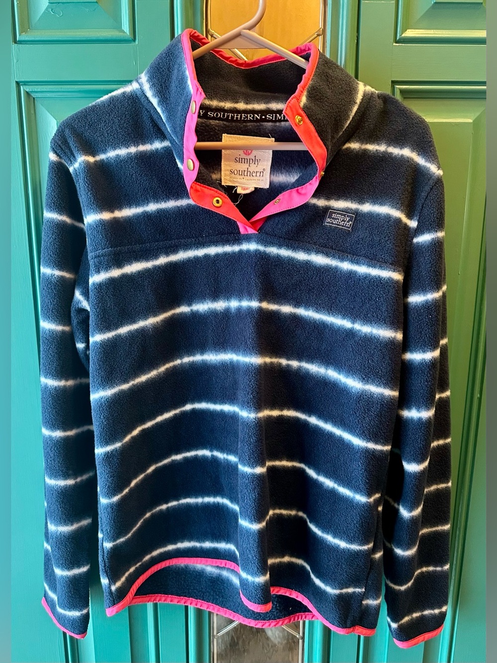 Simply Southern Navy White Tie Dye Stripe Fleece Pullover Snap Pink Trim Size S
